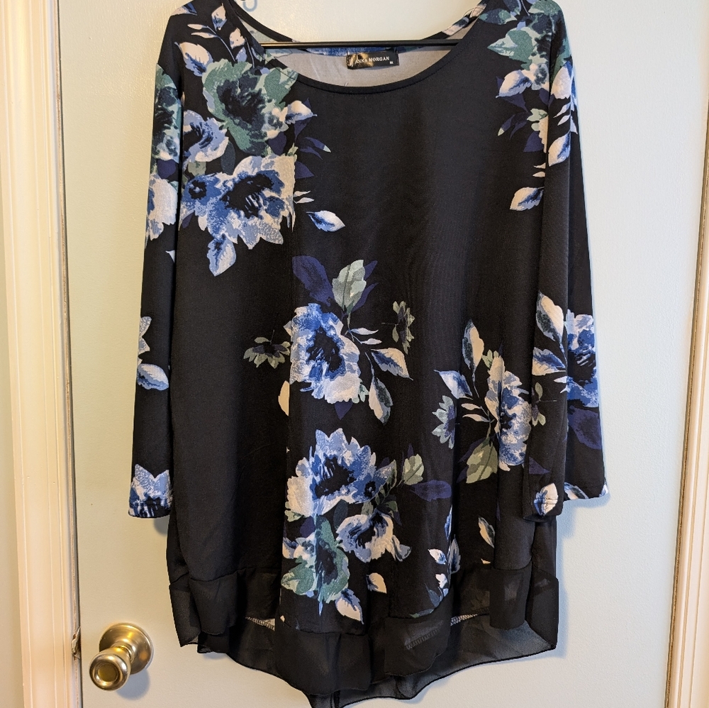 Anna Morgan Black and Blue Floral Blouse